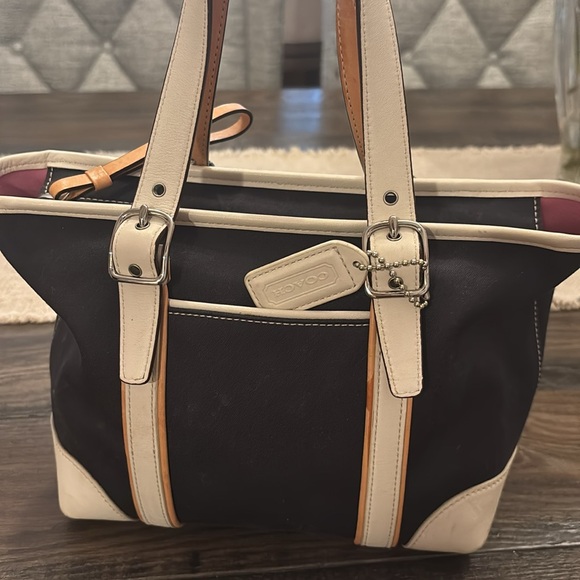 Small blue canvas and white leather handbag - Picture 1 of 4